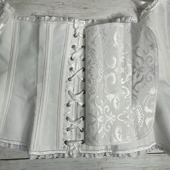 Pin Up White Jacquard Floral Lace Up Boned Frilly Corset Bustier Top S - Picture 11 of 16